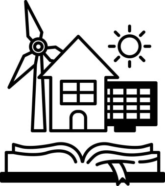 Bir kitabın sayfasında bir ev ve bir yel değirmeni gösterilir.