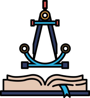 Kapağında cetvel ve pusula olan bir kitap. Cetvel mavi, pusula kırmızı.