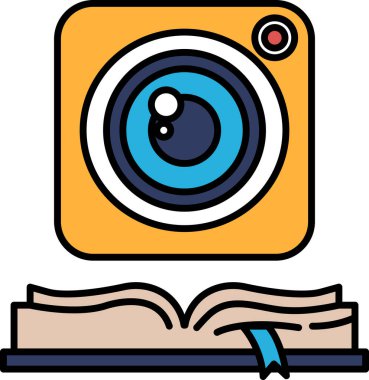 Ortasında mavi daire olan sarı bir kamera lensi. Kamera mavi kurdeleli bir kitabın üzerinde.