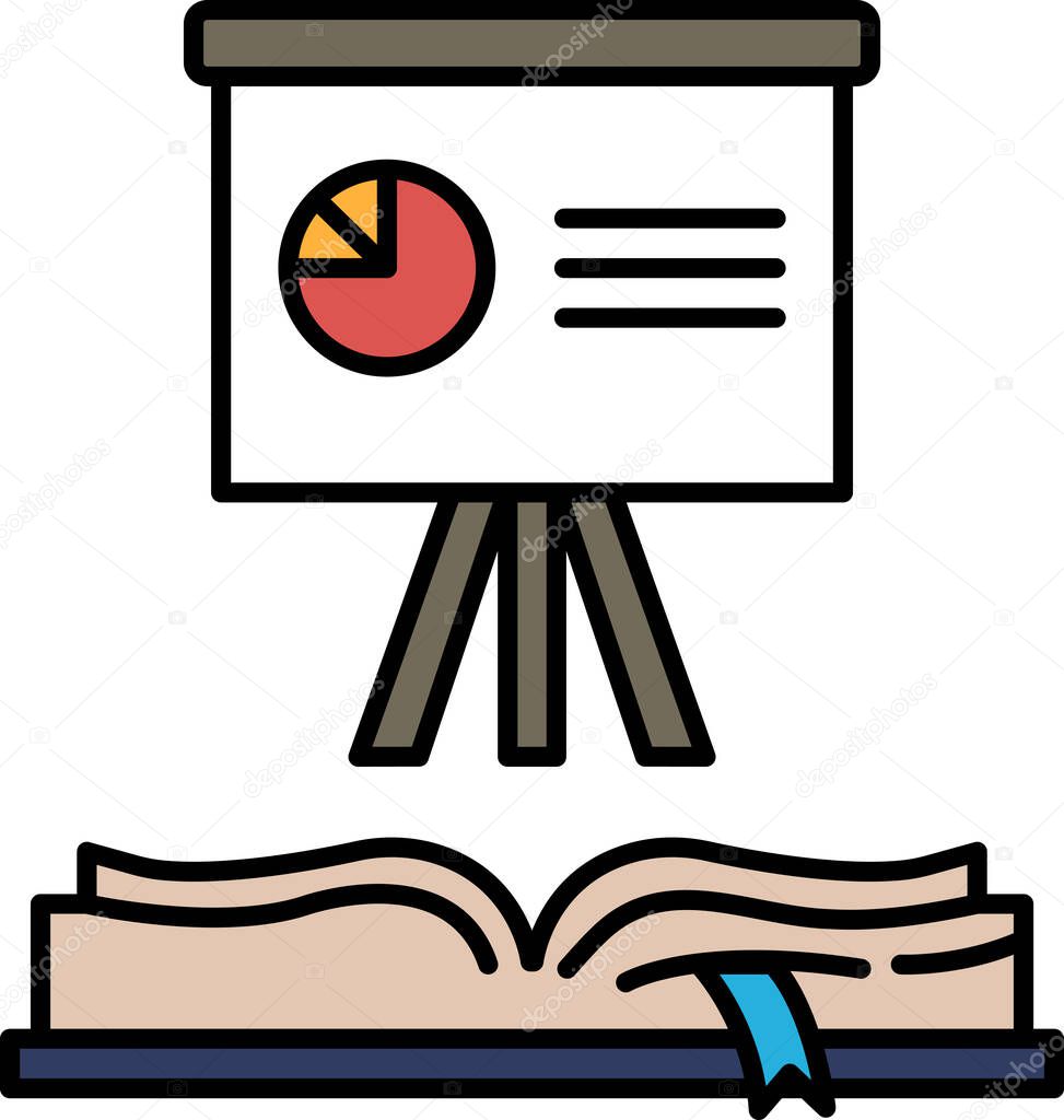 A book with a projector screen and a book stand. The projector screen has a pie chart on it