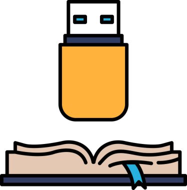 Açık bir kitabın yanında sarı bir USB bellek gösteriliyor. USB sürücüsü görüntünün ana odak noktasıdır, kitap ise ikincil bir unsurdur. Teknoloji ve bilgi kavramı
