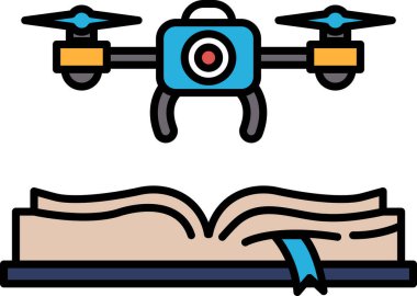 Bir İHA açık bir kitabın üzerinde geziniyor. İHA mavi ve sarıdır. Kitap, içinde kamera resmi olan bir sayfayı açıyor.