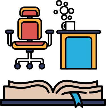 Masada bir sandalye ve bir fincan kahvenin olduğu bir kitap açıktır. Sahne çalışma alanında geçiyor, ve kitap büyük ihtimalle yapılan iş için bir referans ya da kılavuz.
