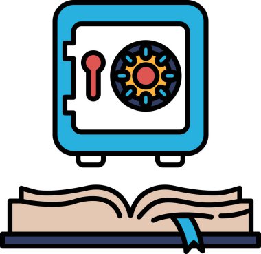 Anahtar deliği ve kırmızı düğmesi olan bir kasanın mavi ve beyaz grafiği. Kasa açık ve anahtar deliği görünür durumda. Kasa açık bir kitabın yanında.