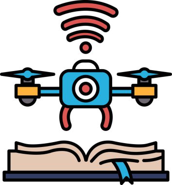 Mavi ve kırmızı bir dron bir kitabın üzerinde geziniyor. Drone bir kamera ile donatılmıştır ve fotoğraf çekmeye hazırdır. Kitap, üzerinde İHA resmi olan bir sayfayı açıyor.