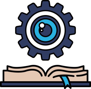 Ortasında mavi göz olan bir dişlinin mavi ve beyaz grafiği. Göz, izleyiciye bakıyor ve teçhizat bir kitabın sayfasını açıyor. Bilgi ve öğrenme kavramı