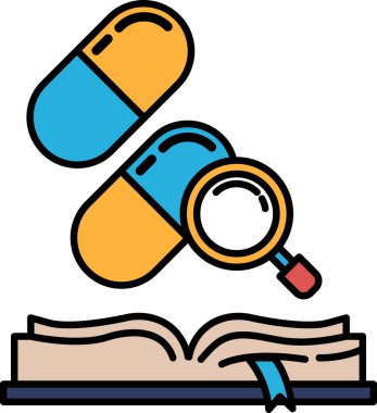 Büyüteci ve sayfalarında iki hap olan bir kitap. Haplar mavi ve sarı.