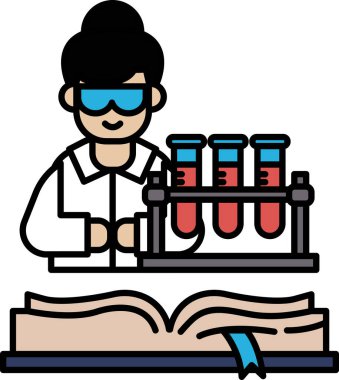 Önlüklü bir kadın üç test tüpüyle çalışıyor. Güvenlik gözlüğü takıyor ve işine odaklanmış durumda. Bilimsel merak kavramı ve araştırmasına olan bağlılığı.