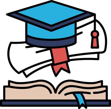 Mezuniyet şapkası ve diploması açık bir kitabın üzerinde gösterilir. Akademik başarı kavramı ve eğitimin önemi