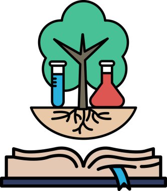 Üstünde bir kitap ve iki beher olan bir ağaç. Ağaç köklerle çevrili ve kitap açık. Ağacın bilginin köklerini temsil ettiği gibi, büyüme ve öğrenme kavramı