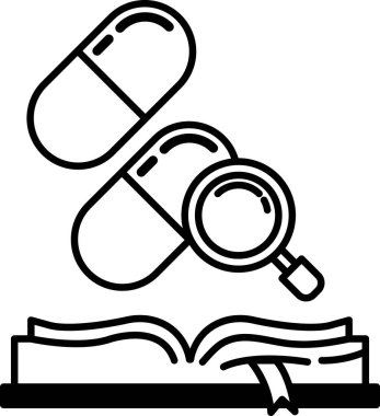 Büyüteci ve sayfalarında iki hap olan bir kitap.