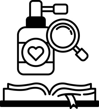 Üzerinde kalp olan bir ilaç şişesi ve yanında da bir büyüteç.