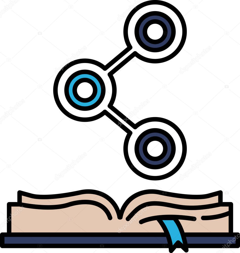 A book with a blue ribbon and three circles on the cover. The circles are connected to each other, and the ribbon is attached to the book