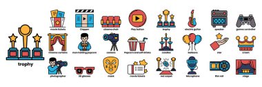 Eğlence endüstrisinin çeşitli yönleri için bir dizi ikon. Simgeler arasında bir film kamerası, bir tiyatro, bir video oyun kumandası, bir mikrofon ve bir kupa yer alıyor.