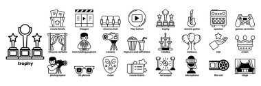 Eğlence endüstrisinin çeşitli yönleri için bir dizi ikon. Simgeler arasında bir film kamerası, bir tiyatro, bir video oyun kumandası, bir mikrofon ve çizim tarzında bir kupa yer alıyor.