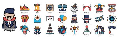 Yüzünde vampir maskesi olan takım elbiseli bir adam. İmaj, çeşitli parti ve kutlama ikonlarının bir koleksiyonudur.
