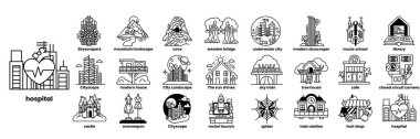 Bir kalp, bir hastane, bir kilise, bir okul, bir tren, bir ev, bir ağaç, bir bina, bir araba, bir tekne, bir köprü, bir hastane, bir ağaç, bir bina, çizim tarzında bir ev içeren şehir simgeleri koleksiyonu.