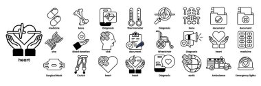 Bir kalp, steteskop, termometre, tekerlekli sandalye ve çizim tarzında bir şırınga içeren bir takım tıbbi ikonlar.