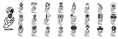 Bir sürü farklı ikonu tutan bir el. El, bir kamera, bir klavye, bir fare, bir cep telefonu, bir bilgisayar, bir yazıcı, bir uzaktan kumanda, bir joystick, çizim tarzında bir fare de dahil olmak üzere çeşitli nesneleri tutuyor.
