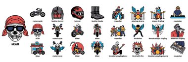Motosiklet, müzik ve diğer aktivitelerle ilgili insan ve nesnelerin bir koleksiyonu. Görüntüler arasında bir kafatası, bir motosiklet, bir kask, bir gitar, bir davul ve bandana takan bir kişi var.