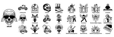 Motosiklet, müzik ve diğer aktivitelerle ilgili insan ve nesnelerin bir koleksiyonu. Görüntüler arasında bir kafatası, bir motosiklet, bir kask, bir gitar, bir davul ve çizim tarzında bandana giyen bir kişi yer alıyor.