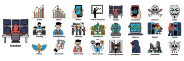 Bilgisayar korsanlığı, programlama ve bilgisayar kullanımı gibi çeşitli bilgisayar aktivitelerini gösteren bir dizi simge