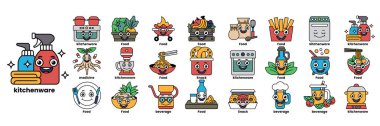 Çeşitli yemek ve mutfak gereçleri olan bir mutfak karikatürü. Görüntü 