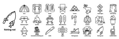 Bir çadır, sırt çantası, olta ve çizim stili bir bıçak da dahil olmak üzere açık hava eşyaları koleksiyonu.