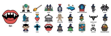 Ağzı dişle dolu bir vampirin karikatür çizimi. Çizim, cadı, vampir, hayalet ve balkabağı gibi çeşitli cadılar bayramı temalı ikonların bir koleksiyonudur.
