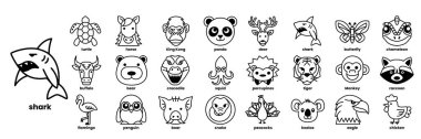 Ortasında köpekbalığı olan hayvan yüzleri koleksiyonu. Köpekbalığı sıra sıra dizilen diğer hayvanların solunda.