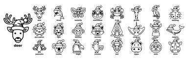 Üzerinde Noel Baba şapkası olan hayvan yüzleri koleksiyonu. Yüzler sıraya dizilir ve tüm boyutlar çizgi çizim tarzına göre farklıdır