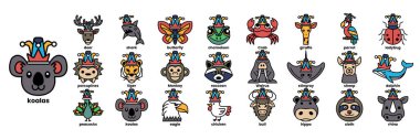 Üzerinde şapkalar olan hayvan yüzleri koleksiyonu. Şapkalar farklı renkte ve stilde. Hayvanlar sıra sıra dizilir, soldaki ilk hayvan koala olur.