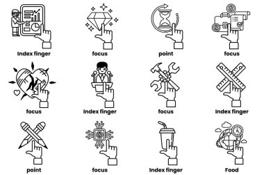 Çizgi çizim tarzında çeşitli şeyleri gösteren el resimleri.