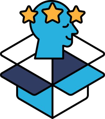 İçinde bir adamın kafası ve üstünde üç yıldız olan mavi bir kulübe. Adamın başı gülümsüyor ve yıldızlar parıldıyor. Kutu boş.