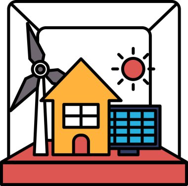 Çatıda yel değirmeni ve güneş panelleri olan bir ev. Ev sarı ve yel değirmeni siyah. Evin etrafı cam bir kutuyla çevrili.