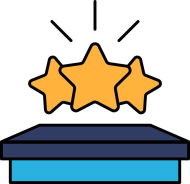 Ortasında üç yıldız olan mavi bir kulübe ışıldıyor. Kutu mavi bir yüzeye yerleştirildi.