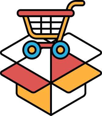 Bir alışveriş arabası karton bir kutunun üzerinde duruyor. Araba turuncu, mavi ve kırmızıdır.