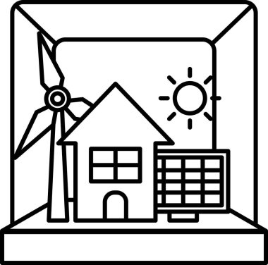 Siyah beyaz çizimde bir ev ve bir yel değirmeni gösteriliyor. Ev bir güneş paneli ve bir rüzgar türbiniyle çevrili. Çizim, sürdürülebilir yaşam fikrini aktarıyor.