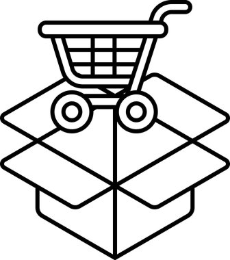 Karton bir kutunun üstündeki alışveriş arabasının siyah beyaz görüntüsü. Alışveriş anlayışı ve eşya taşımak için bir alışveriş arabası konsepti. Sahne basit ve basit.