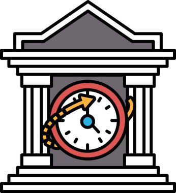 Sağ tarafı işaret eden oklu bir saat. Saat bir binanın üzerinde. Saat kırmızı ve mavi.