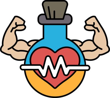 Üzerinde kalp olan şişeyi tutan kaslı bir adamın karikatürü. Şişede 