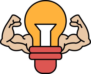 Elinde ampul tutan kaslı bir adamın karikatürü. Güç ve zeka kavramı