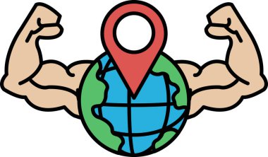 Kolları havada bir adamın çizgi filmi ve üzerinde kırmızı bir nokta olan bir küre. Küre, adamın kaslarıyla çevrili.