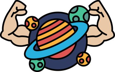 Kolları havada bir adamın ve arka planda büyük bir gezegenin karikatür çizimi. Çizim renkli ve eğlenceli, güç ve güç hissiyle.