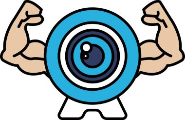 Göğsünde kamera merceği olan kaslı bir adam. Güç ve güç kavramı