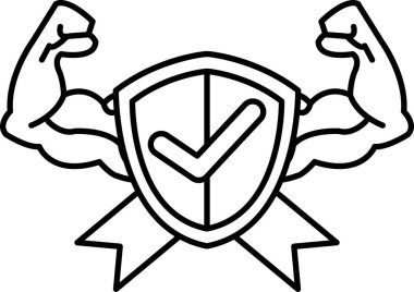 Üzerinde kontrol işareti olan bir kalkanı tutan kaslı bir adamın siyah beyaz görüntüsü.