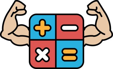 Kaslı bir adam elinde üzerinde kırmızı, mavi ve beyaz bir kare olan bir hesap makinesi tutuyor. Hesap makinesinde kırmızı artı işareti ve mavi eksi işareti var.