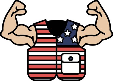 Kırmızı, beyaz ve mavi yelekli bir adamın karikatürü. Adam kollarını kaldırdı ve kaslarını esnetiyor. Çizgi film mizahi ve neşeli olmalı.