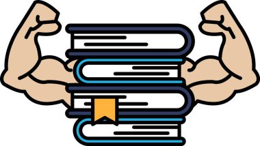 Kolları havada bir adam bir yığın kitap tutuyor. Güç ve bilgi kavramı, insanın kasları aklın gücünü temsil ettiği gibi ve kitaplar bilginin zenginliğini temsil eder.