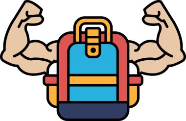 Kaslı bir adam kırmızı kayışlı bir sırt çantası tutuyor. Sırt çantası mavi ve sarı. Adamın kolları açıkta, gücünü gösteriyor. Macera ve fiziksel uygunluk kavramı